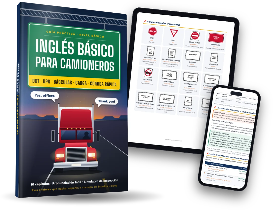 El libro Inglés Básico para Camioneros junto a una tablet y un celular mostrando páginas de la guía